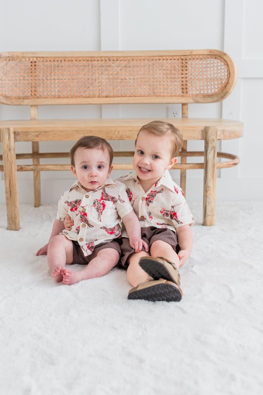 Multi Color Bird Print Boys Shirt & Brown Shorts set Shirt-Shorts Yo Baby India 