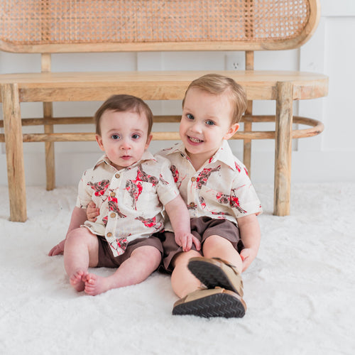 Multi Color Bird Print Boys Shirt & Brown Shorts Set – 100% Cotton Fabric with Coconut Shell Buttons | 2-Piece Stylish Outfit for Kids