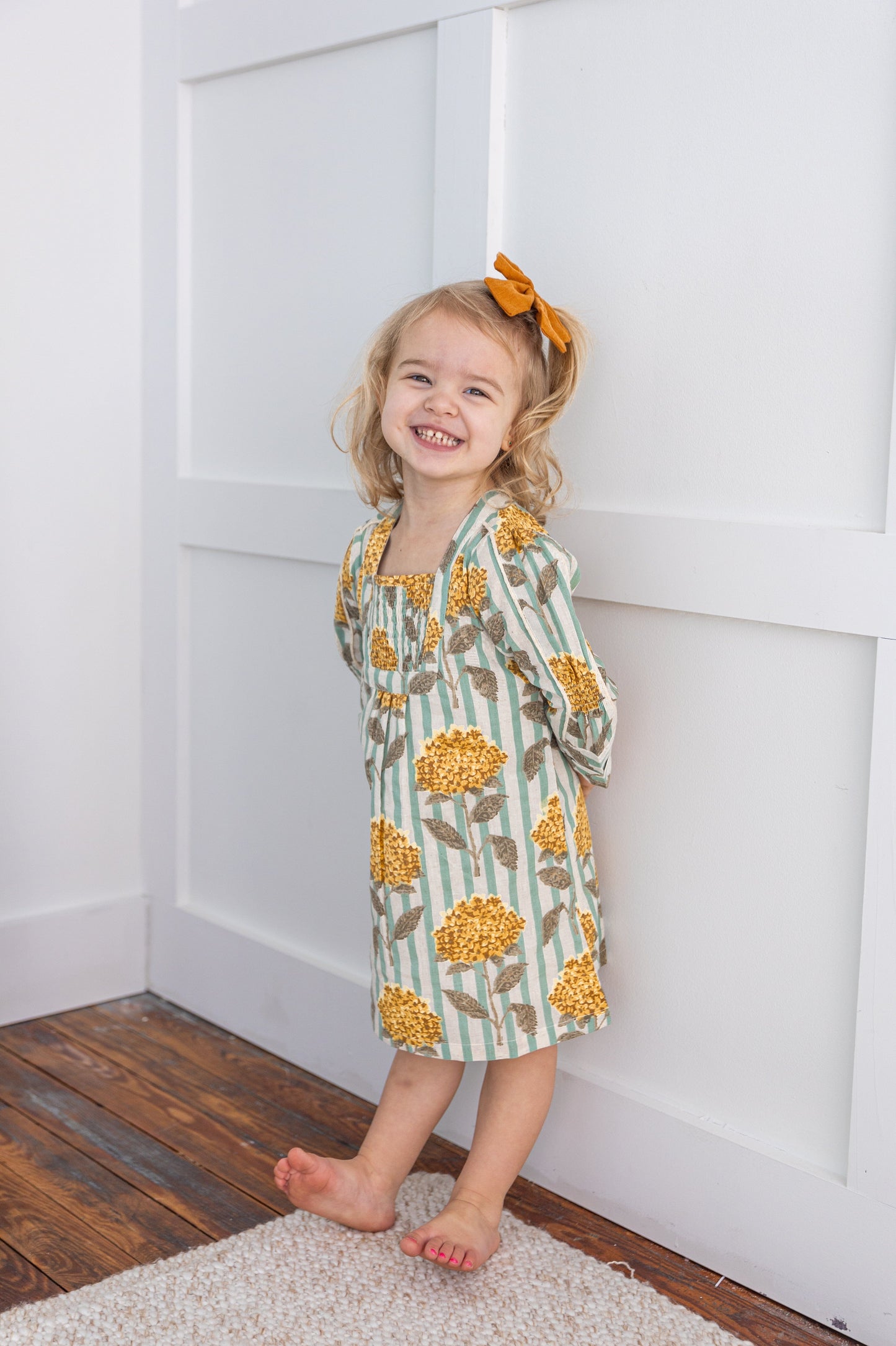 Mustard Floral Printed Long Sleeves Gathered Dress DRESS Yo Baby India 