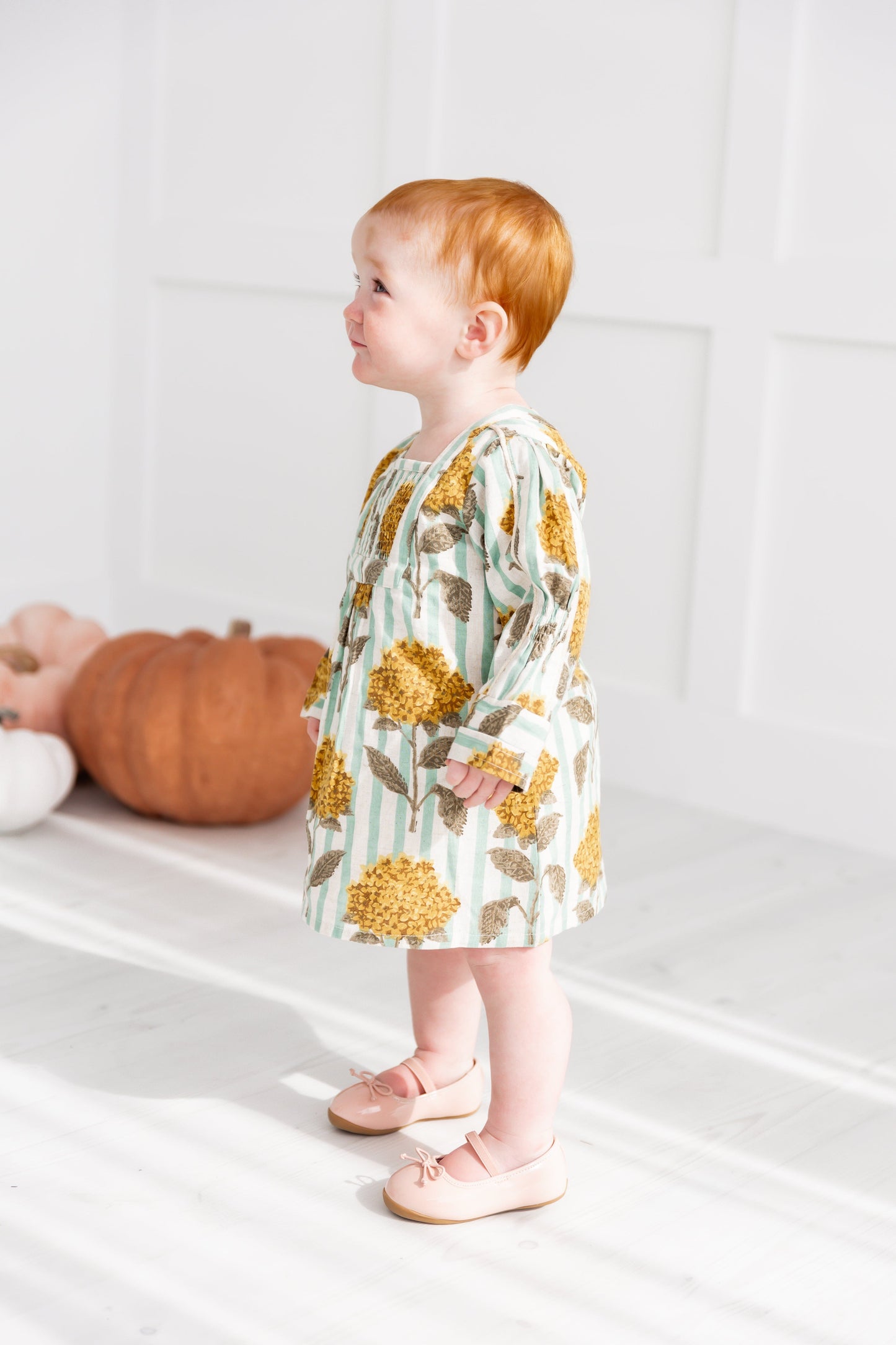 Mustard Floral Printed Long Sleeves Gathered Dress DRESS Yo Baby India 