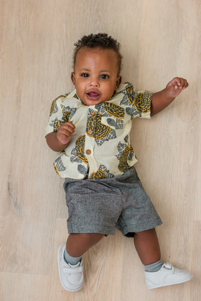 Mustard & Grey Floral Print Boys Shirt & Black Chambray Shorts set shirt & shorts Yo Baby India 