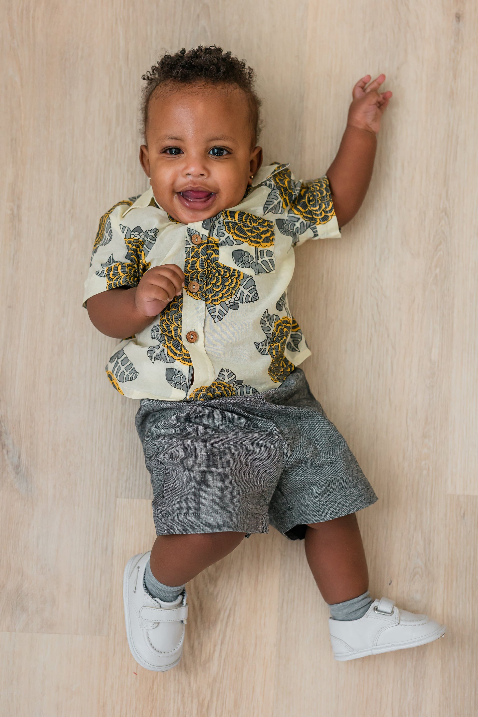 Mustard & Grey Floral Print Boys Shirt & Black Chambray Shorts set shirt & shorts Yo Baby India 