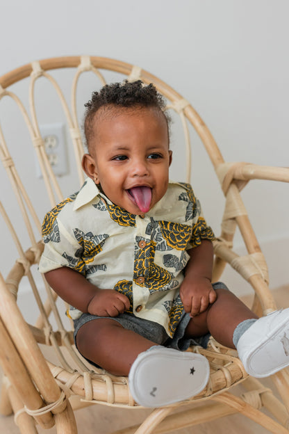 Mustard & Grey Floral Print Boys Shirt & Black Chambray Shorts set shirt & shorts Yo Baby India 