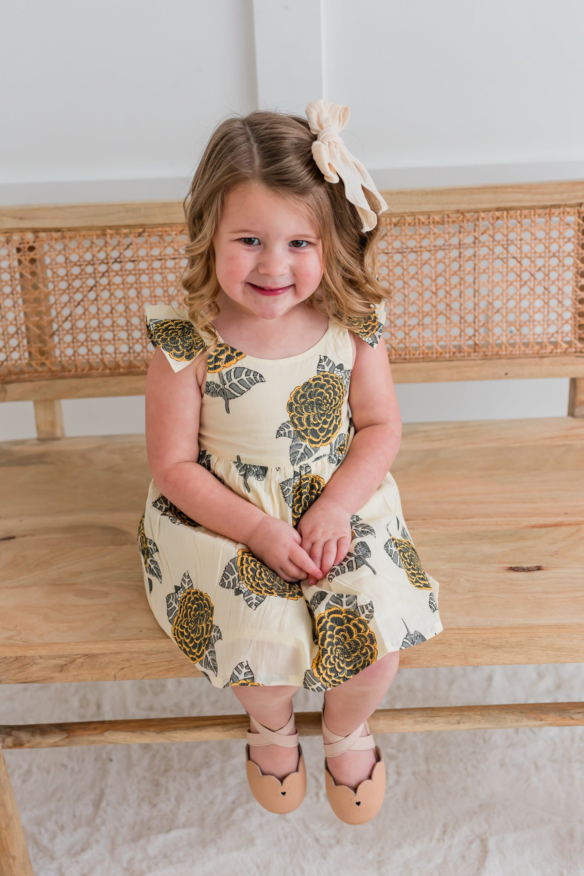 Mustard & Grey Floral Print Sleeve Ruffled Gathered Dress Dress Yo Baby India 