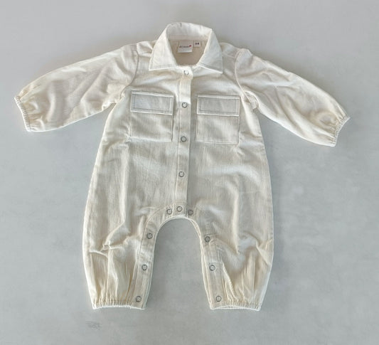 Off-White Corduroy Solid Color Long Sleeve Baby Jumpsuit Romper Yo Baby India 