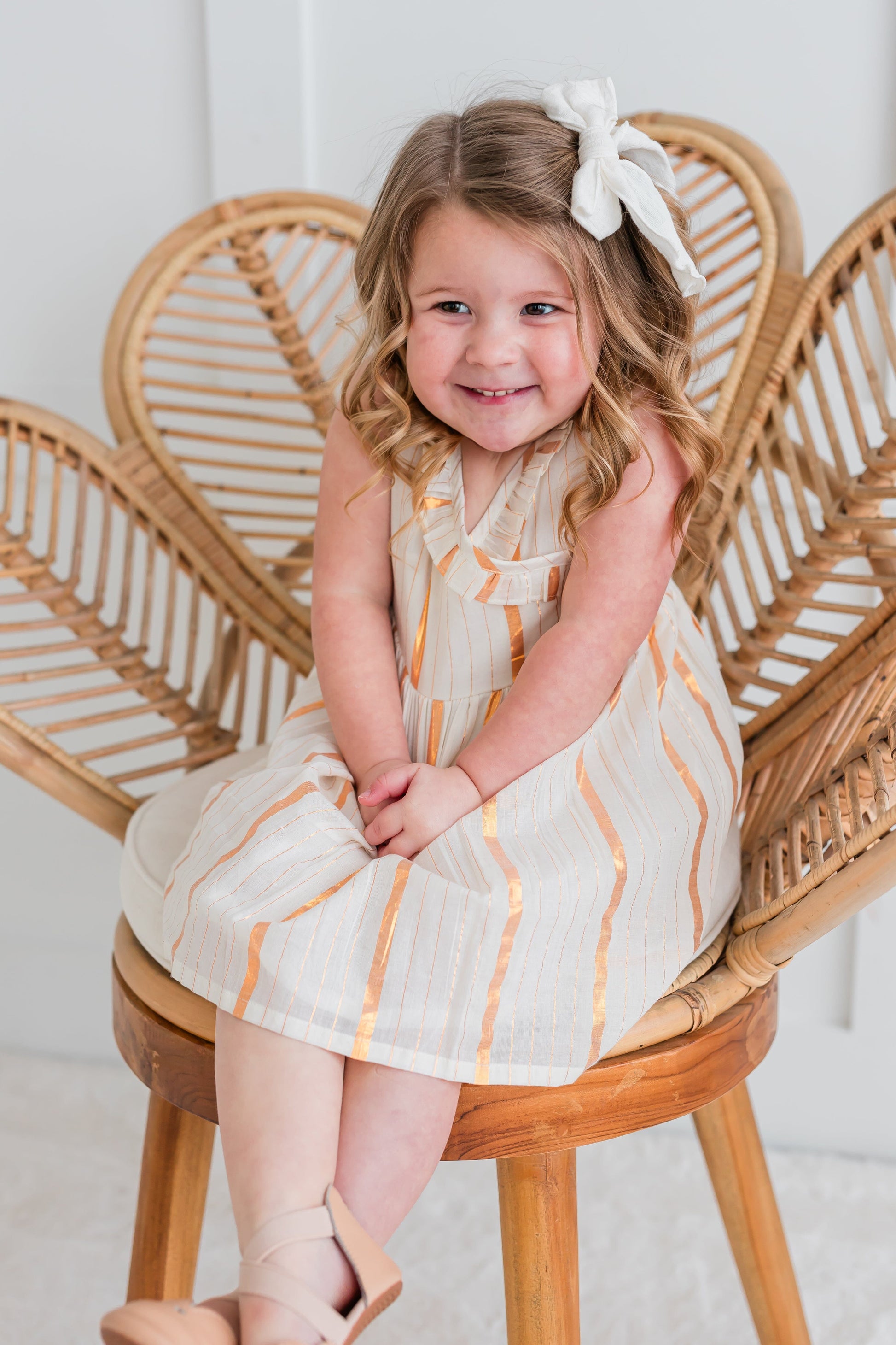 Off-White & Gold Lurex Neck Ruffled Gathered Dress 100% Cotton Shell Yo Baby India Off-White & Gold Lurex Neck Ruffled Gathered Dress 100% Cotton Shell Yo Baby India