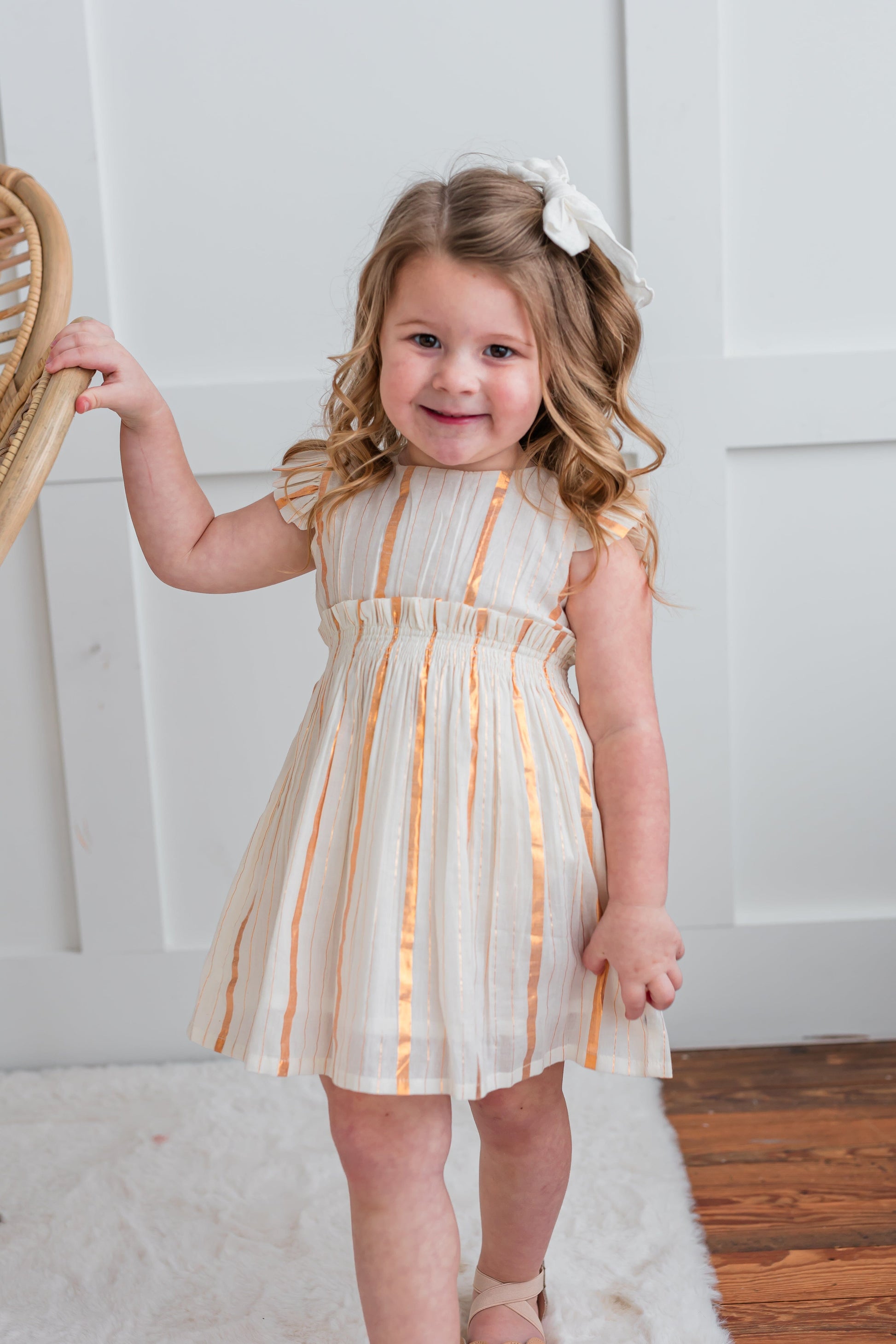Off-White & Gold Lurex Sleeve Ruffle Gathered Dress 100% Cotton Baby Yo Baby India Off-White & Gold Lurex Sleeve Ruffle Gathered Dress 100% Cotton Baby Yo Baby India