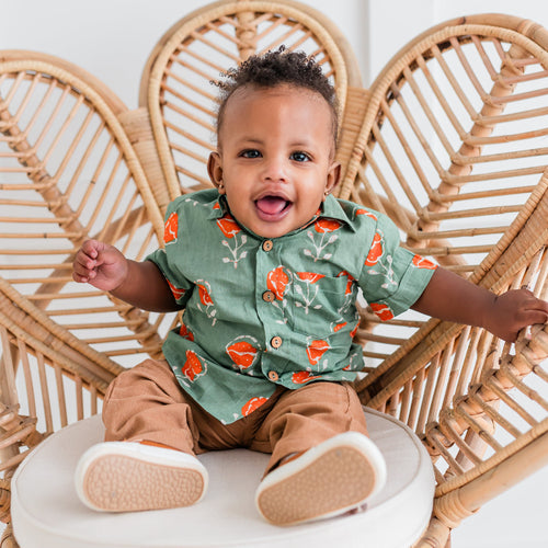 Orange Floral Print Boys Shirt – 100% Cotton Infant & Toddler Shirt with Coconut Buttons