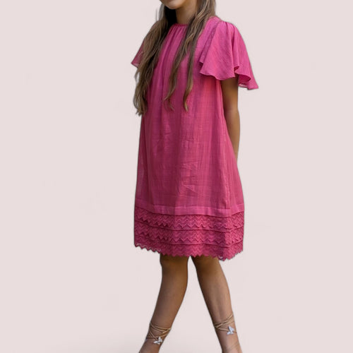 Pink Textured Checks Dress for Infants & Kids – Cap Sleeves with Lace Details