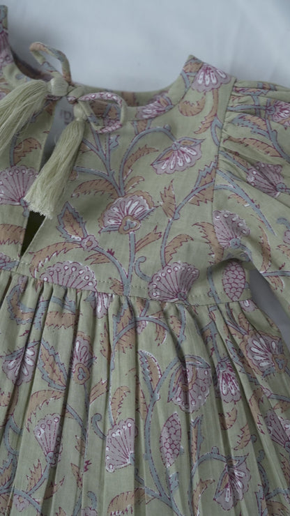 Sage-Green Floral Printed Sleeve Gathered Dress