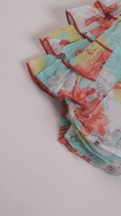 Infant Turquoise Floral Bubble with Multi Ruffle Design