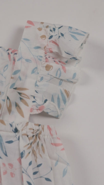 Infant White Printed Bubble with Ruffle Cap Sleeves