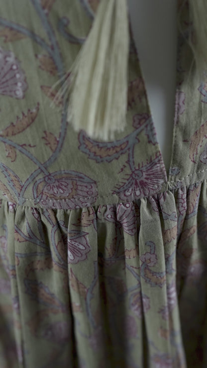 Sage-Green Floral Printed Sleeve Gathered Dress