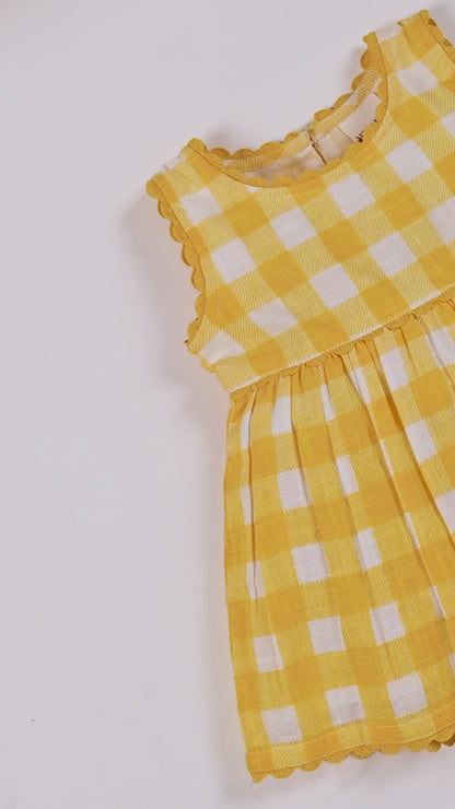 Charming Yellow Checks Fit & Flare Dress with Lace Finish