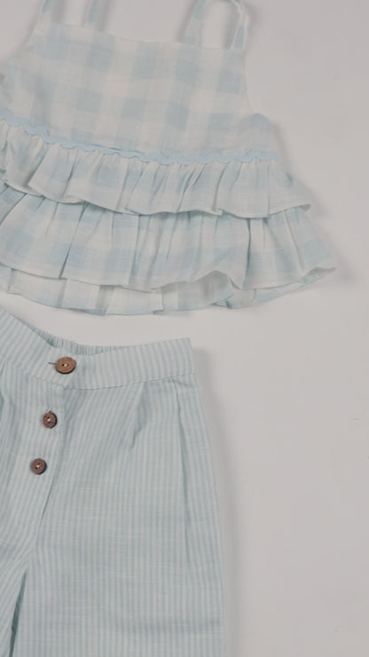 Adorable 2-Piece Light Blue Checks Top & Striped Pants Set for Kids & Infants
