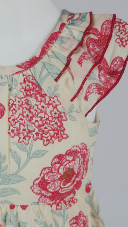 Adorable Red Floral Kids' Dress with Cap Sleeves and Frill Layers