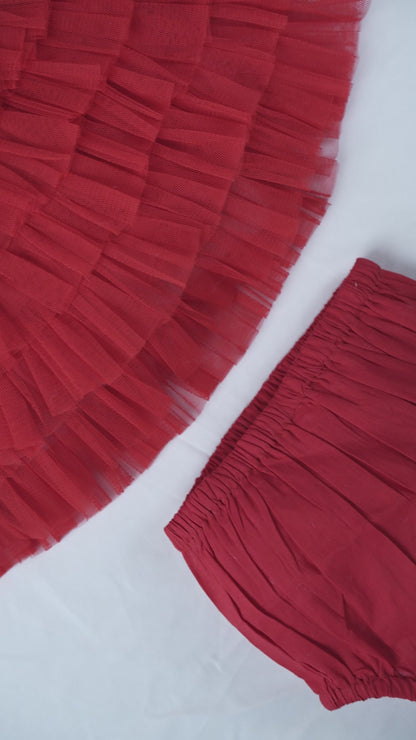 Red Tulle Solid Color Tiered Ruffle Dress