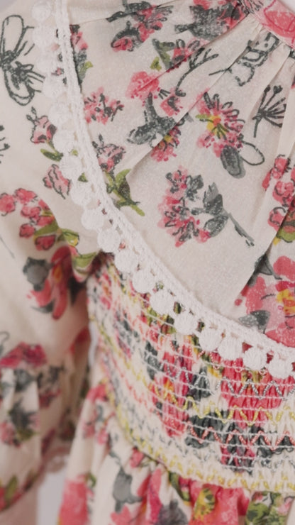 Beige Printed Fit & Flare Dress with Smocked Waist and Ruffle Details