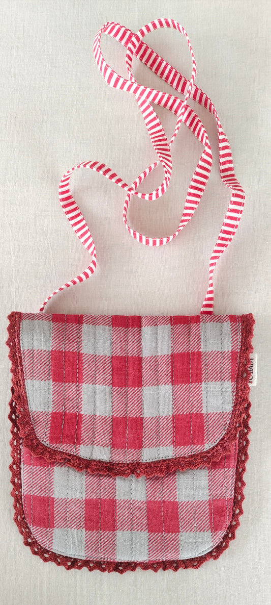 Red Checks & Stripe Kids' Small Tote Bag with Magnetic Closure and Lace Detailing PURSE Yo Baby India 