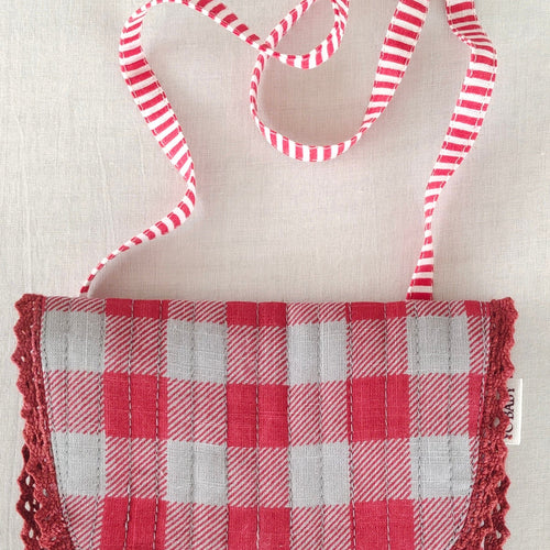 Kids' Red Checks & Stripe Cotton Small Tote Bag with Magnetic Closure & Lace Detailing – Cute Shoulder Sling for Girls