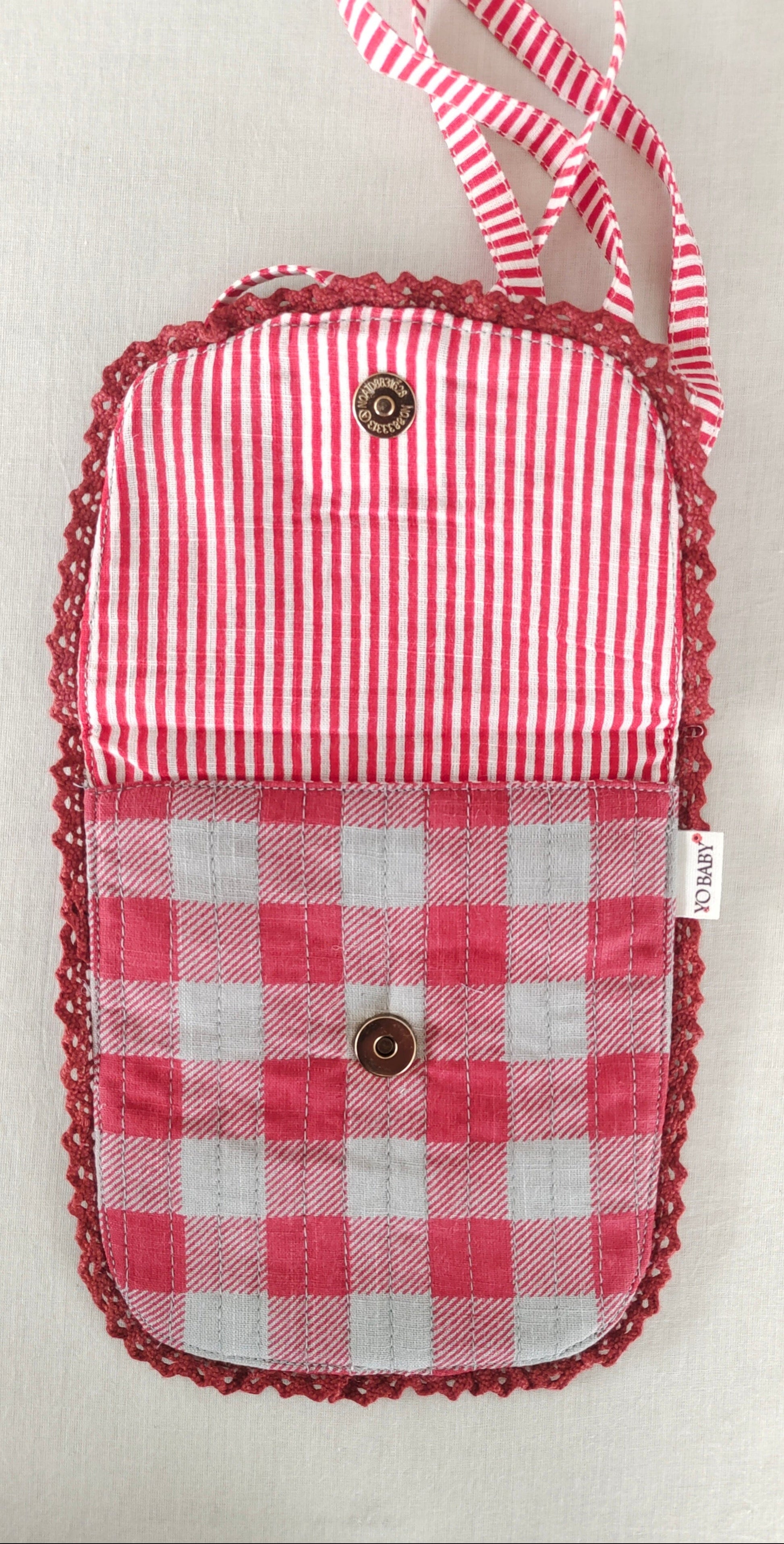 Red Checks & Stripe Kids' Small Tote Bag with Magnetic Closure and Lace Detailing PURSE Yo Baby India 