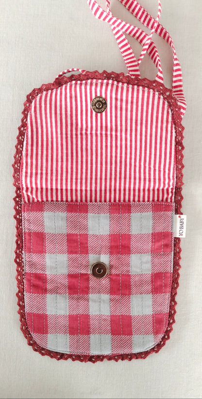 Red Checks & Stripe Kids' Small Tote Bag with Magnetic Closure and Lace Detailing PURSE Yo Baby India 