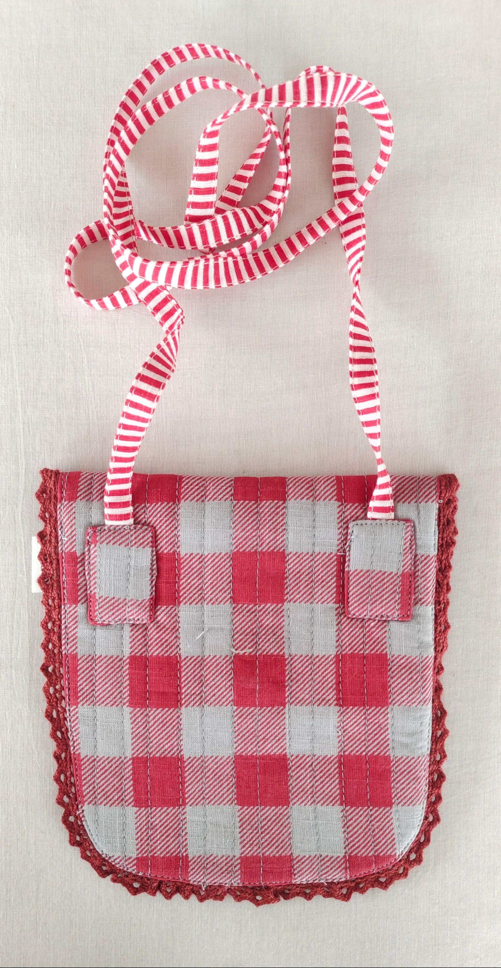 Red Checks & Stripe Kids' Small Tote Bag with Magnetic Closure and Lace Detailing PURSE Yo Baby India 
