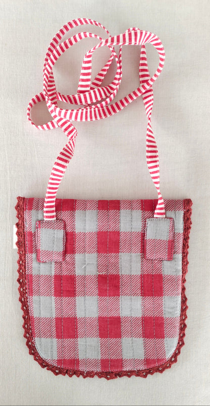 Red Checks & Stripe Kids' Small Tote Bag with Magnetic Closure and Lace Detailing PURSE Yo Baby India 