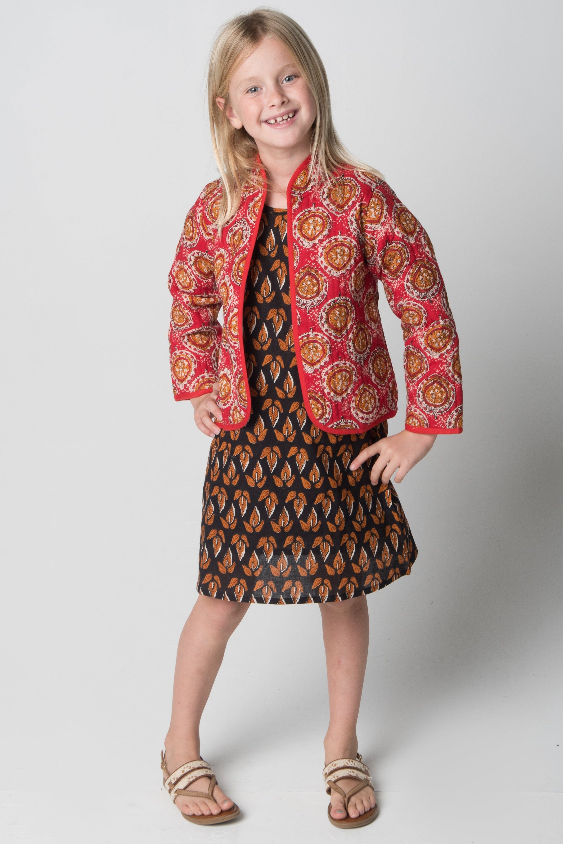 Red Geo Quilted Jacket & Orange Floral Shift Dress Yo Baby India 