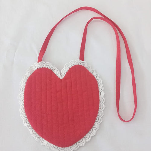 Red Heart Shaped Quilted Ruffle Sling Purse – Cotton with Inside Pocket