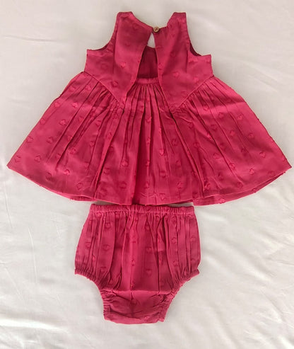 Red Solid Color Heart Dobby Pintuck Gathered Dress dress & diaper cover Yo Baby India 