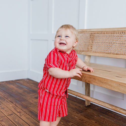 Red Stripes Boys Shirt & Shorts Set – 100% Cotton Outfit with Coconut Shell Buttons | Stylish Summer Wear for Kids