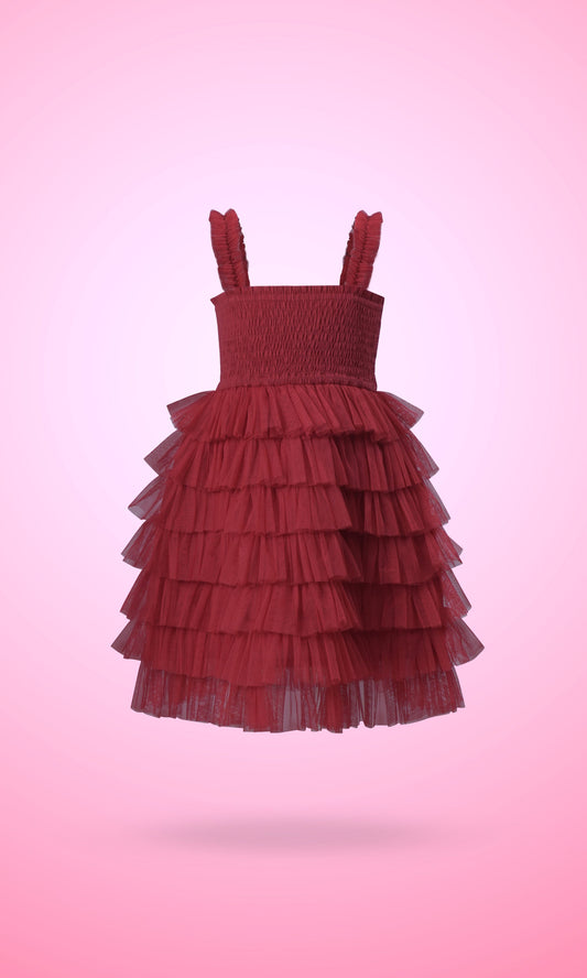 Red Tulle Solid Color Tiered Ruffle Dress dress & diaper cover Yo Baby Wholesale 