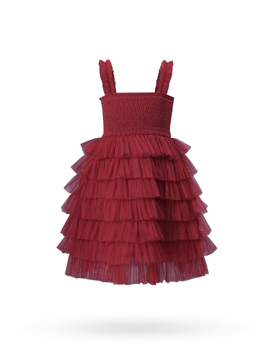 Red Tulle Solid Color Tiered Ruffle Dress dress & diaper cover Yo Baby Wholesale 