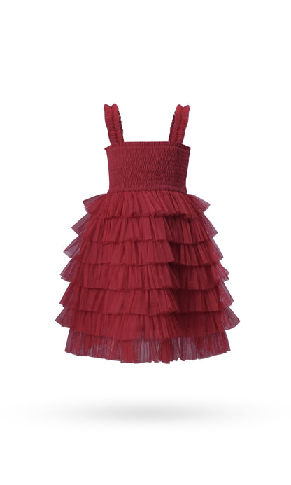 Red Tulle Solid Color Tiered Ruffle Dress dress & diaper cover Yo Baby Wholesale 