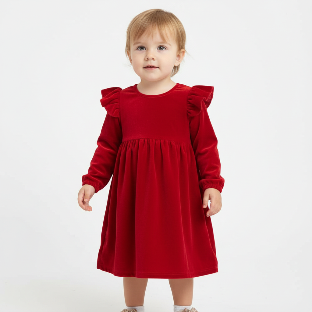 Red Velvet Full Sleeves Ruffle Dress