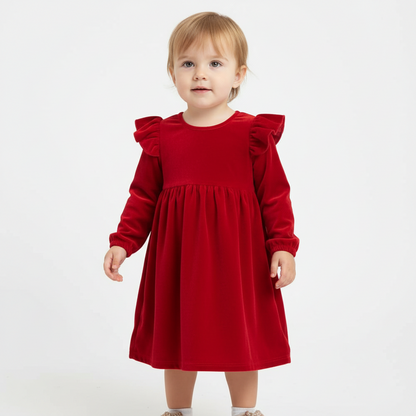 Red Velvet Full Sleeves Ruffle Dress