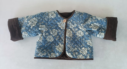 Reversible Brown Corduroy & Grey Floral Print Quilted Long Sleeve Jacket jacket Yo Baby Online 