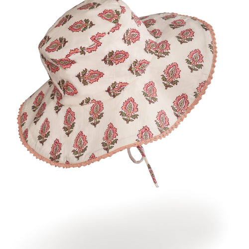 Reversible Coral Booti Print & Coral Stripe Sun Hat for Kids | 100% Cotton Breathable Summer Hat with Lace & Tie Strings