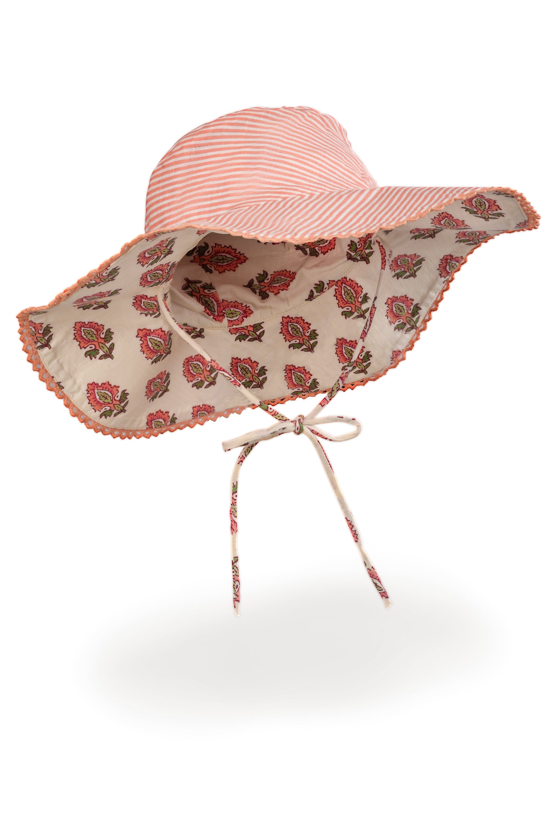 Reversible Coral Booti Print & Coral Stripe Sun Hat for Kids CAP Yo Baby India 