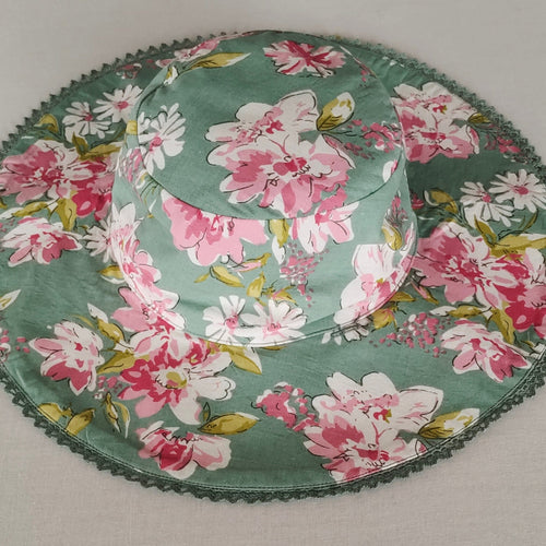 Reversible Green Floral & Stripe Kids' Sun Hat | Soft Cotton Summer Hat with Lace Detail & Tie Strings