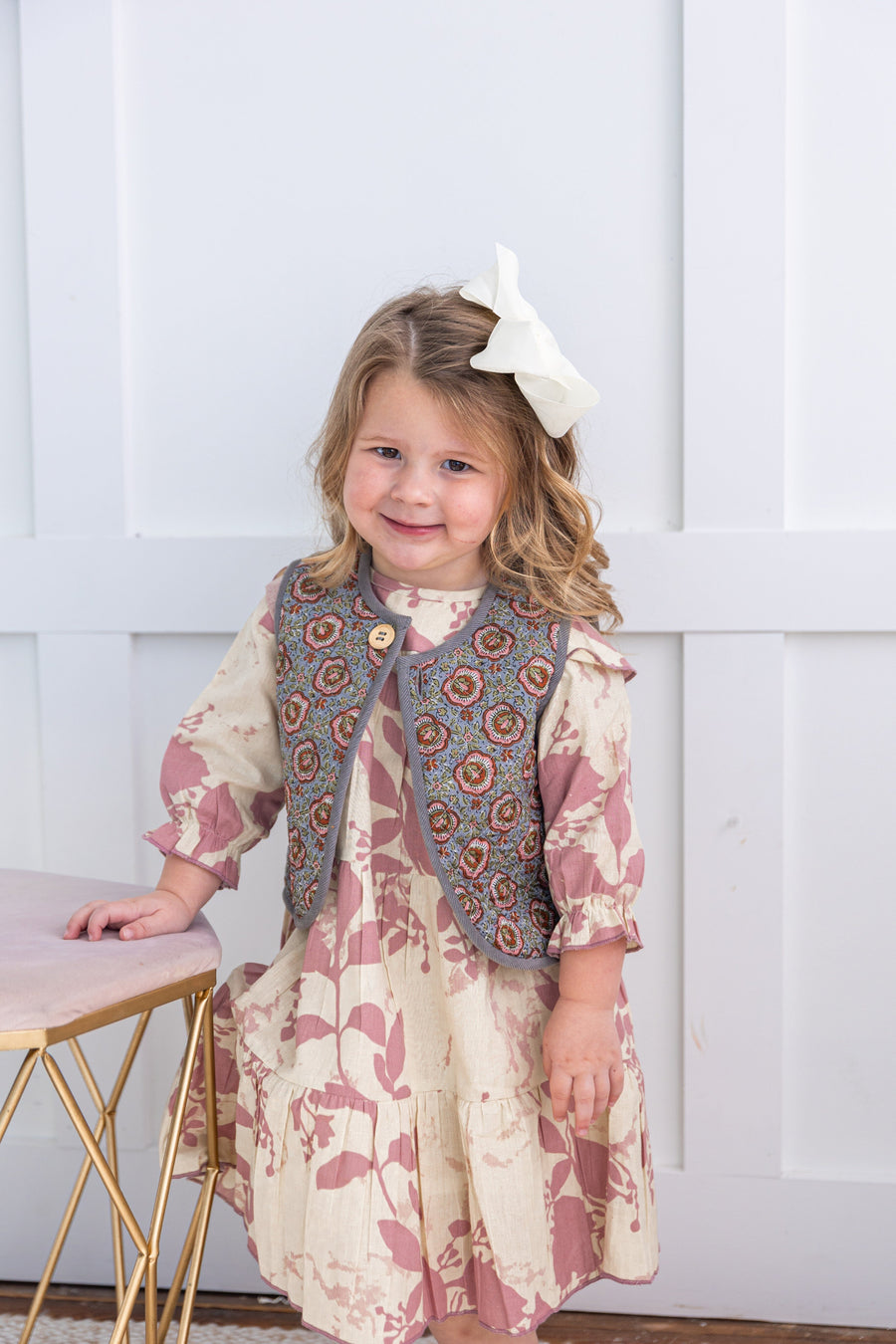 Reversible Grey Corduroy & Grey Floral Print Quilted Sleeveless Jacket – Soft Cotton Kids’ Jacket with Wooden Button & Front Pocket
