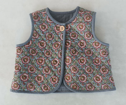 Reversible Grey Corduroy & Grey Floral Print Quilted Sleeveless Jacket jacket Yo Baby Online 