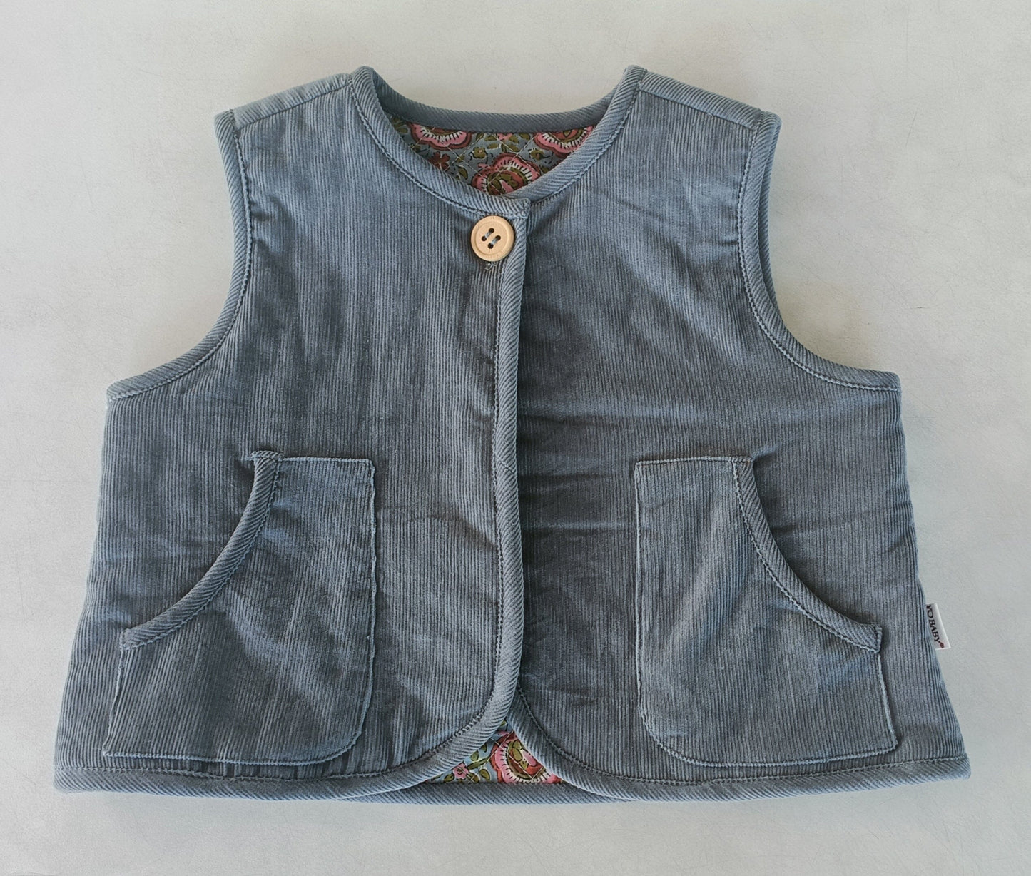 Reversible Grey Corduroy & Grey Floral Print Quilted Sleeveless Jacket jacket Yo Baby Online 