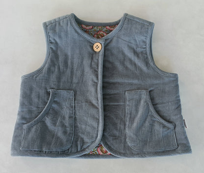 Reversible Grey Corduroy & Grey Floral Print Quilted Sleeveless Jacket jacket Yo Baby Online 