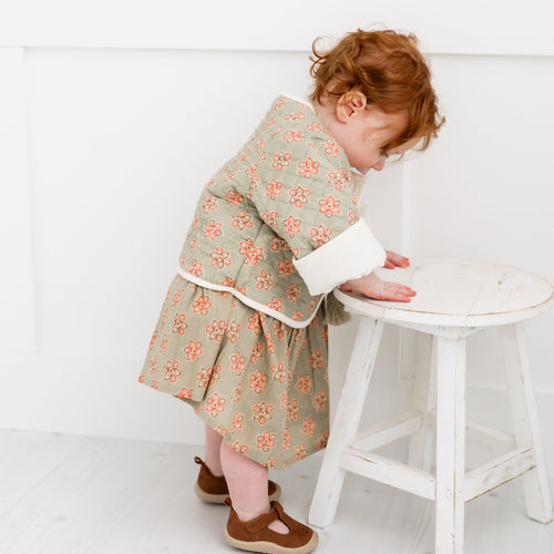 Reversible Off-White Corduroy & Sage-Green Floral Print Quilted Jacket – Long Sleeve Kids Jacket for Infants, Toddlers & Tweens