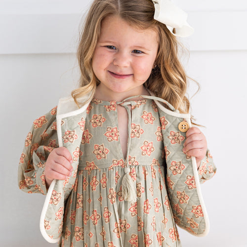 Reversible Off-White Corduroy & Sage-Green Floral Print Quilted Sleeveless Kids Jacket – 100% Cotton with Wooden Button & Front Pocket