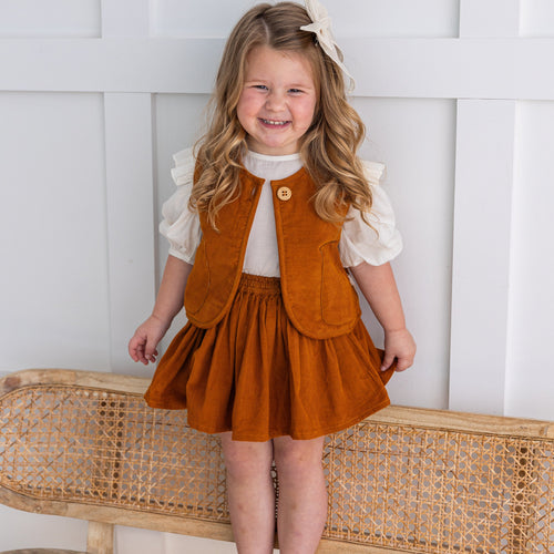 Reversible Rust Corduroy & Blue Floral Print Quilted Sleeveless Jacket with Front Pocket – Kids Cotton Jacket