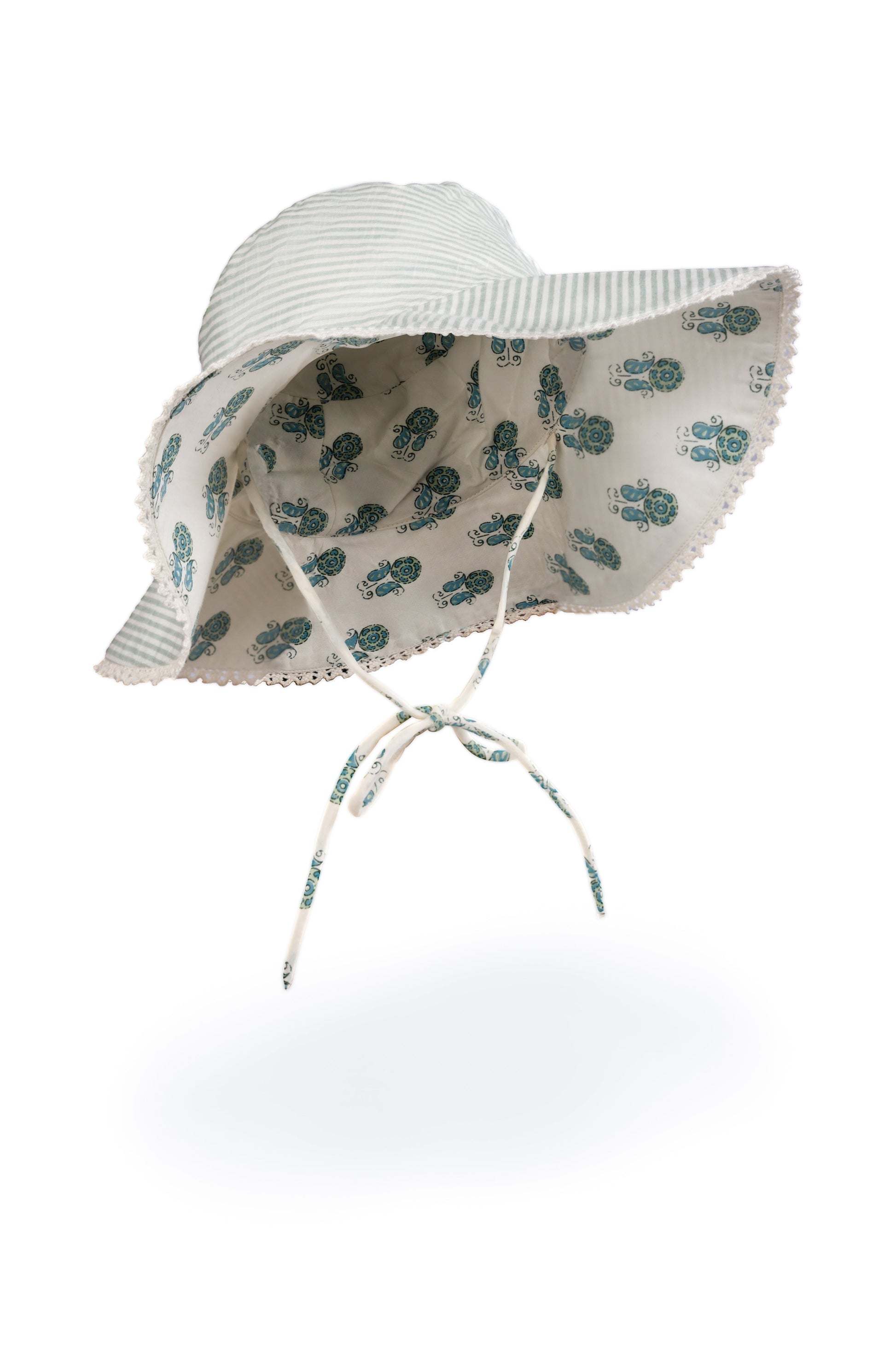 Reversible Sage Booti Print & Sage Stripe Sun Hat for Kids CAP Yo Baby India 