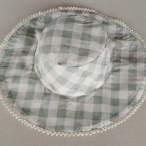 Reversible Sage Checks & Stripe Sun Hat for Kids | 100% Cotton Summer Hat with Lace Detail & Tie Strings